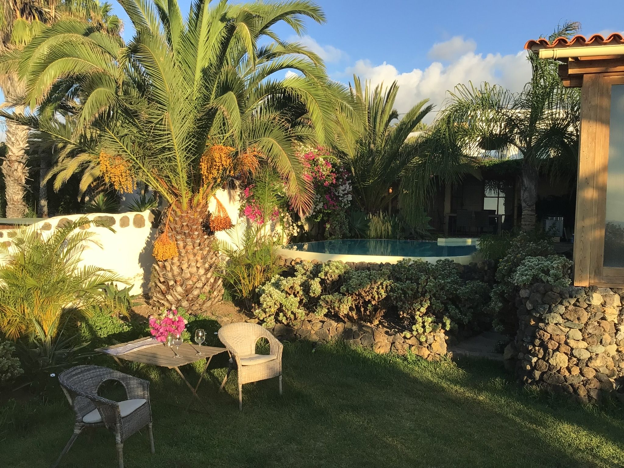 Bellamare: Garten mit Palmen und Sitzplatz aus Korbstühlen, dahinter der Pool hinter Natursteinmauern