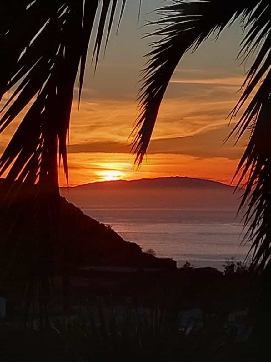 Bellamare: Sonnenuntergang zwischen Palmwedeln, am Horizont eine Nachbarinsel über dem Meer