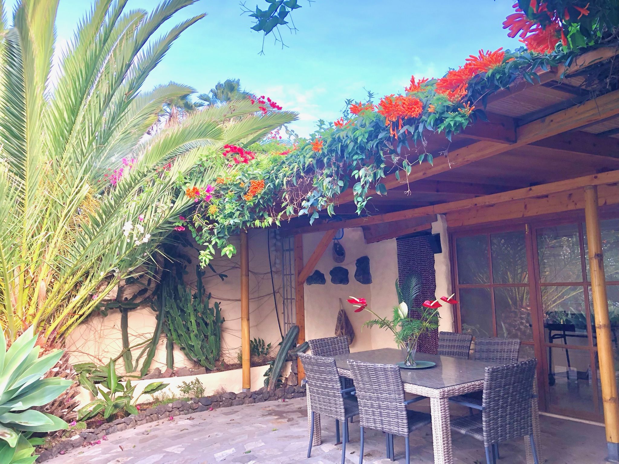 Bellamare: Überdachte Terrasse mit Esstisch für sechs Personen, darüber blühende Kletterpflanzen